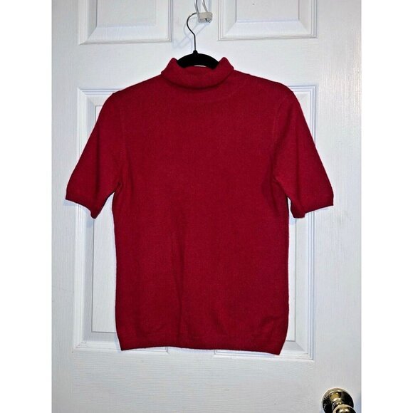 PURE COLLECTION 100% Cashmere Turtleneck Top Short Sleeve Red Sweater USA - Picture 1 of 9